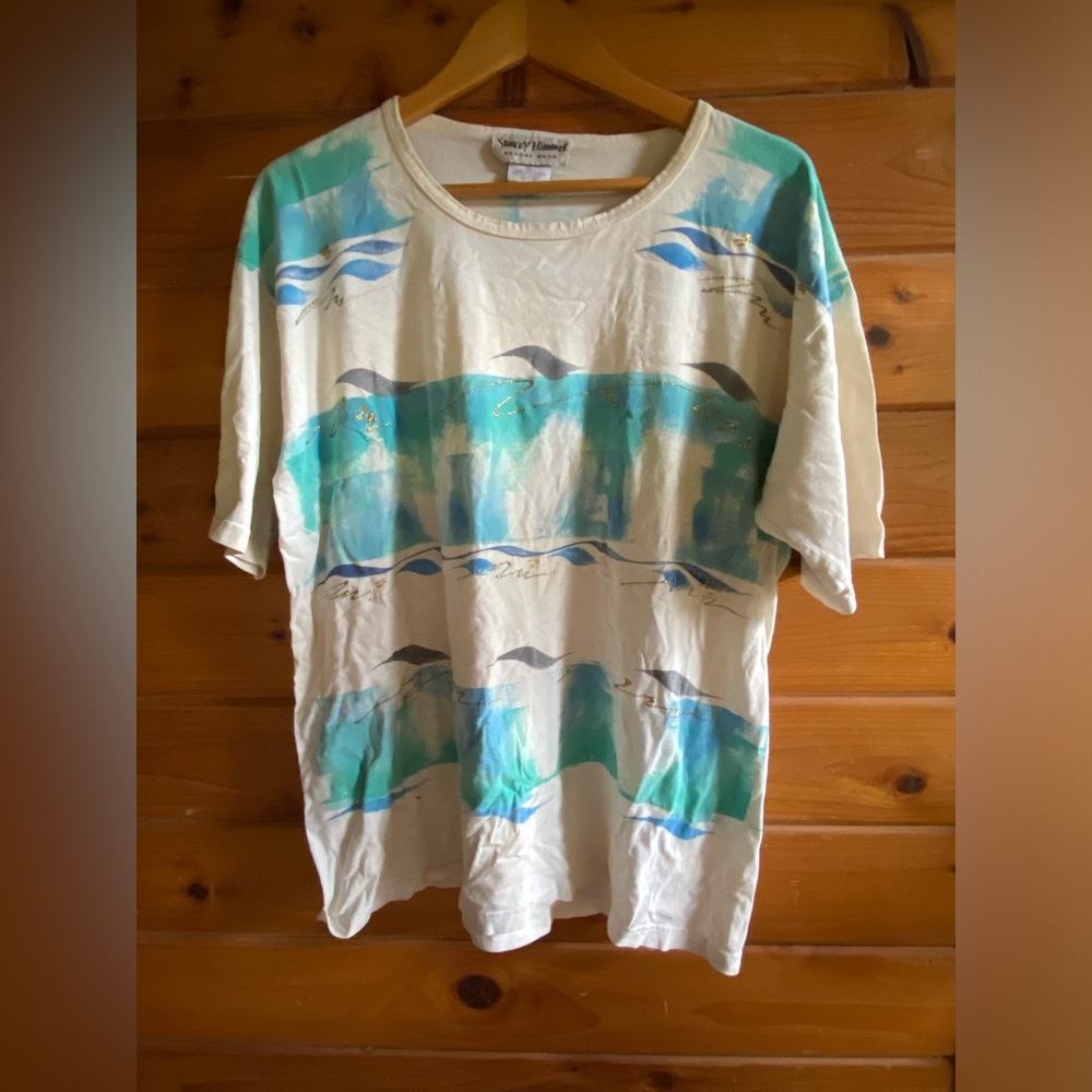Stacey Himmel Tee Shirt 👕 Vintage 80’s early 90’s style blue waves with gold ✨